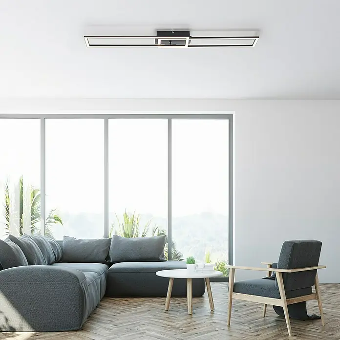 Just Light Plafón LED Iven - 36 W, L x An x Al: 193 x 73 x 4 cm, Negro, Blanco, Blanco cálido - Lámpara de techo moderna con marco negro e iluminación LED en un salón elegante para un ambiente luminoso y elegante.