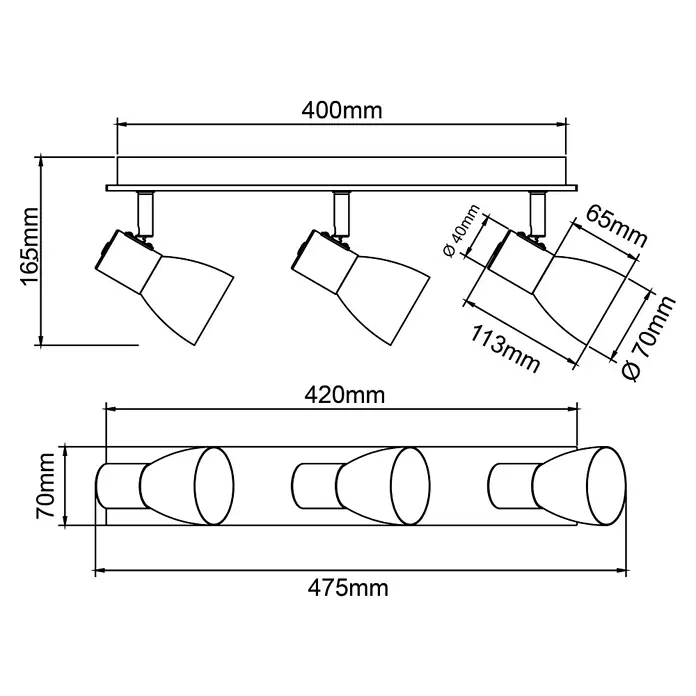 Brilliant Daintree Wandstrahler - 28 W, Weiß/Natur, E14, 3 Stk. - Technische Zeichnung einer Deckenleuchte mit drei Strahlern und Angaben zu den Abmessungen.