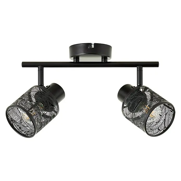 Brilliant Bano Deckenstrahler - 40 W, L x B x H: 12 x 34 x 17,5 cm, Schwarz, E14, 2 Stk. - Schwarze Deckenleuchte mit zwei Strahlern und dekorativen Blattmustern.