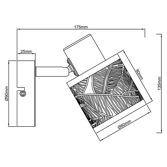 Brilliant Bano Deckenstrahler - 40 W, L x B x H: 14,6 x 11,4 x 8 cm, Schwarz, E14, 1 Stk. - Technische Zeichnung einer Wandleuchte mit den Maßen 175mm Länge, 90mm Durchmesser der Wandhalterung und 80mm Durchmesser des Lampenkopfes.