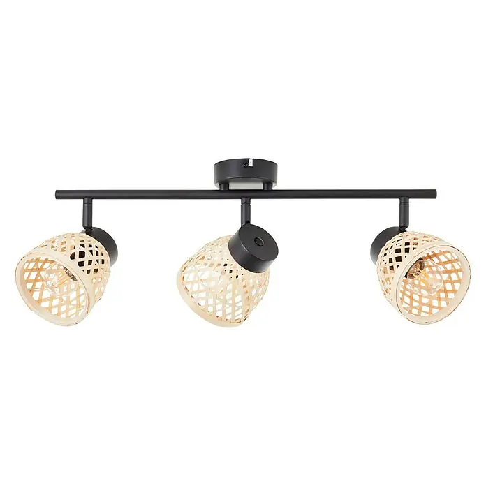 Brilliant Elize Deckenstrahler - 28 W, L x B x H: 10,5 x 50 x 18 cm, Schwarz-matt/Bambus, E14, 3 Stk. - Deckenleuchte mit drei Strahlern und dekorativen Lampenschirmen aus hellem Holzgeflecht. Moderne Beleuchtung für Wohnräume.