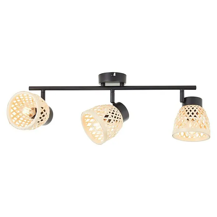 Brilliant Elize Deckenstrahler - 28 W, L x B x H: 10,5 x 50 x 18 cm, Schwarz-matt/Bambus, E14, 3 Stk. - Moderne Deckenleuchte mit drei Strahlern und Lampenschirmen im Rattan-Design für stimmungsvolle Beleuchtung.