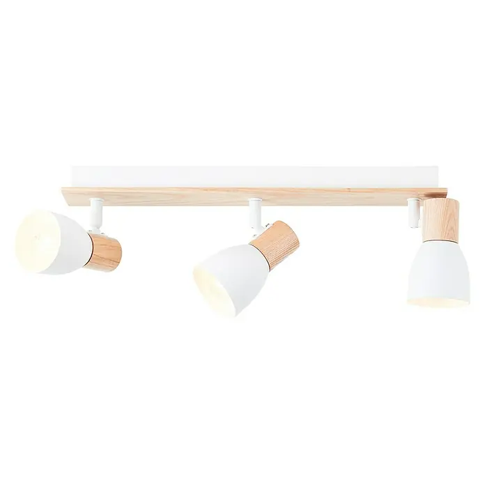 Brilliant Daintree Wandstrahler - 28 W, Weiß/Natur, E14, 3 Stk. - Eine moderne Deckenleuchte mit drei Strahlern, die in Weiß und hellem Holz gehalten sind und ein stilvolles Lichtdesign bieten.