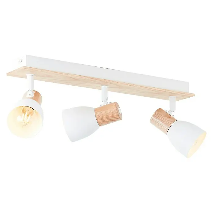 Brilliant Daintree Wandstrahler - 28 W, Weiß/Natur, E14, 3 Stk. - Moderne Deckenleuchte mit drei Strahlern in Weiß und Holzoptik, die eine warme Beleuchtung erzeugt.\n