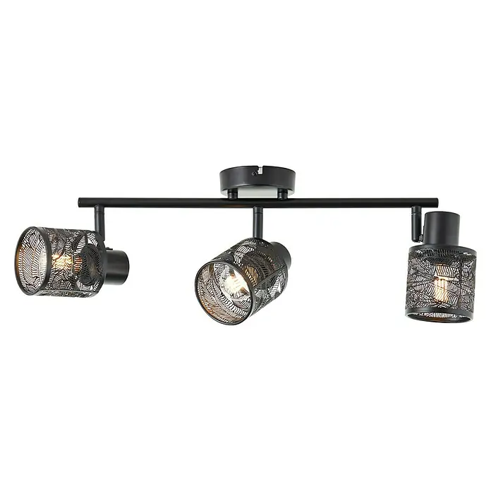 Brilliant Bano Deckenstrahler - 40 W, L x B x H: 12 x 43 x 17,5 cm, Schwarz, E14, 3 Stk. - Eine moderne, schwarze Deckenleuchte mit drei Strahlern und filigranen, blattartigen Mustern sorgt für stilvolle Beleuchtung.