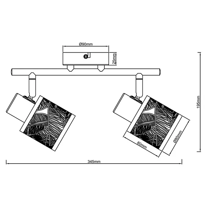 Brilliant Bano Deckenstrahler - 40 W, L x B x H: 12 x 34 x 17,5 cm, Schwarz, E14, 2 Stk. - Technische Zeichnung einer Deckenleuchte mit zwei Strahlern und floralem Muster, Maße sind angegeben.