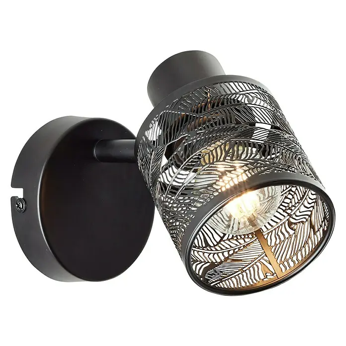 Brilliant Bano Deckenstrahler - 40 W, L x B x H: 14,6 x 11,4 x 8 cm, Schwarz, E14, 1 Stk. - Eine elegante, schwarze Wandleuchte mit einem filigranen Blätterdesign, die ein warmes Licht in den Raum wirft.