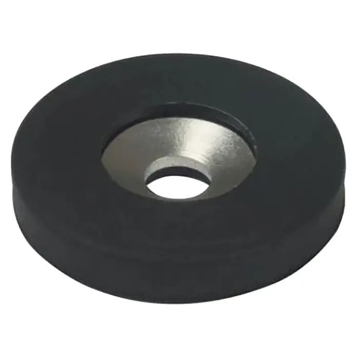 Fix-o-moll Magnet Neodym Senkbohrung - Rund, Durchmesser: 22 mm - Nahaufnahme eines schwarzen Gerätefußes mit Metalleinsatz. Ideal für Geräte, Möbel oder als Dämpfer.