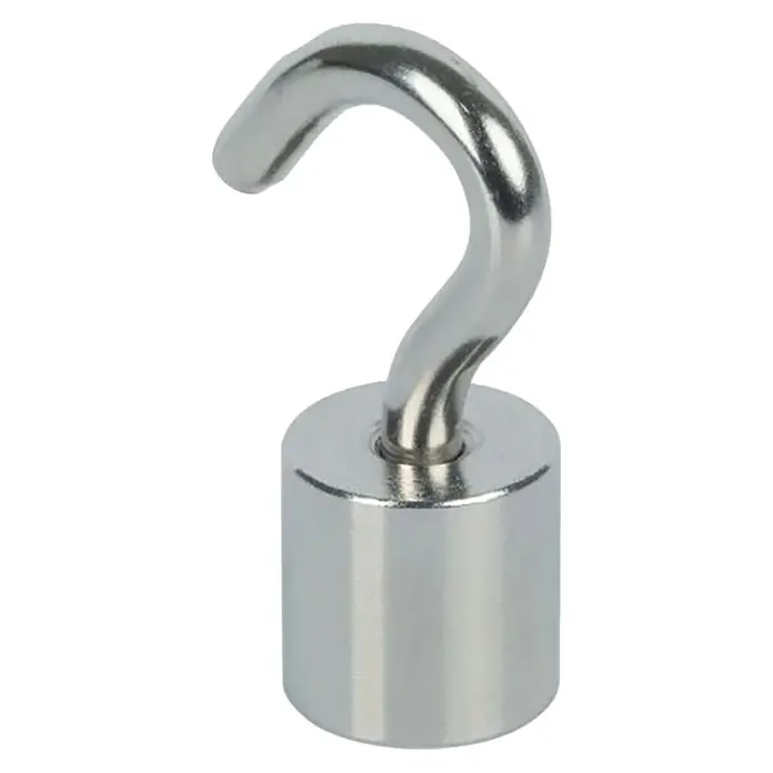 Fix-o-moll Magnethaken Neodym - Rund, Durchmesser: 15 mm, Höhe: 38 mm - Nahaufnahme eines silbernen Magneten mit Haken. Ideal zum Aufhängen von Gegenständen. Starker Halt dank leistungsstarkem Magnet.