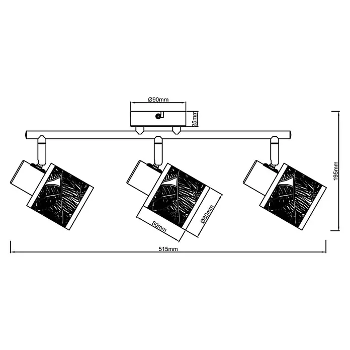 Brilliant Bano Deckenstrahler - 40 W, L x B x H: 12 x 43 x 17,5 cm, Schwarz, E14, 3 Stk. - Technische Zeichnung einer dreiflammigen LED-Deckenleuchte mit Blätterdekor, inklusive Maßangaben. Das Design ist modern und funktional.