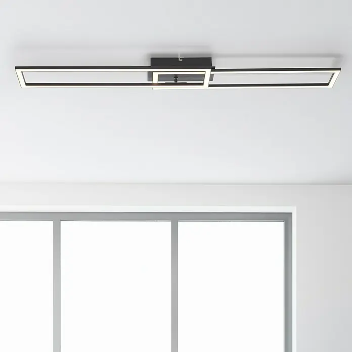 Just Light Plafón LED Iven - 36 W, L x An x Al: 193 x 73 x 4 cm, Negro, Blanco, Blanco cálido - Una lámpara de techo moderna con marcos rectangulares negros e iluminación LED integrada que ofrece una iluminación elegante.
