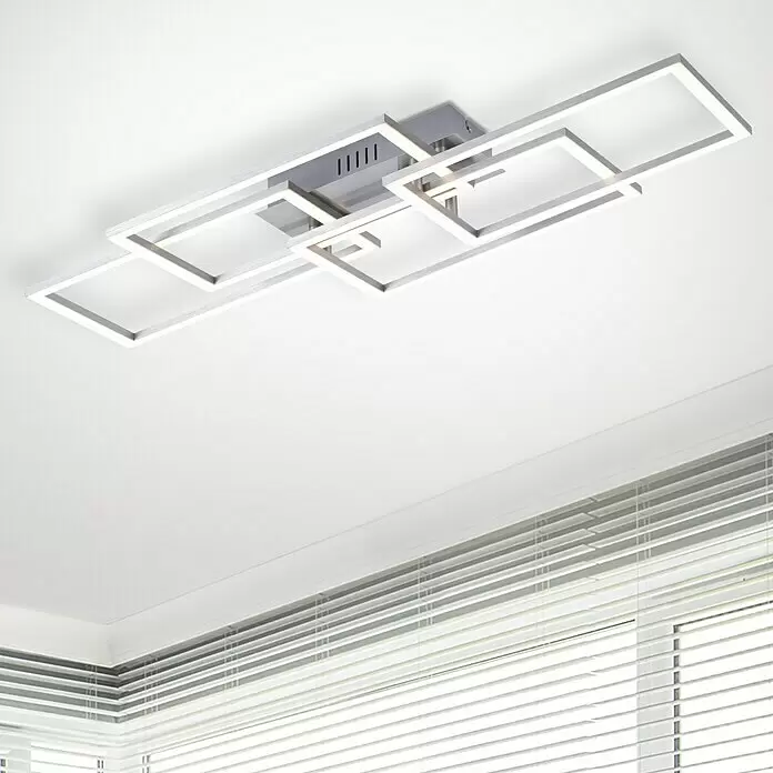 Just Light LED-Deckenleuchte Iven - 38 W, L x B x H: 34,5 x 70 x 9,5 cm, Stahl, Warmweiß - Moderne silberne LED-Deckenleuchte mit geometrischem Rechteckdesign, die einen Raum von oben beleuchtet.