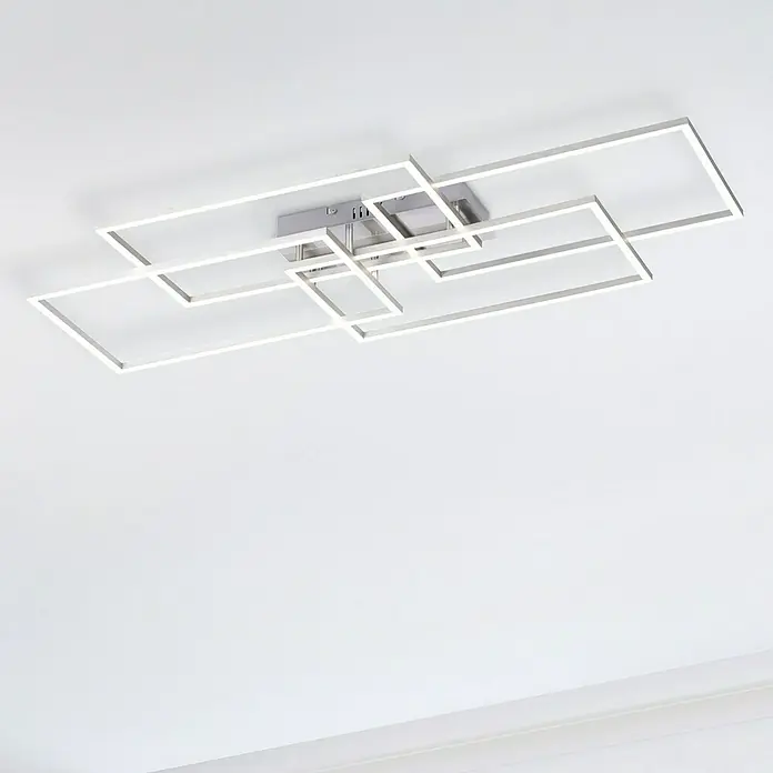 Just Light Plafón LED Iven - 48 W, L x An x Al: 51,5 x 95 x 9 cm, Níquel, Blanco, Blanco cálido - Lámpara de techo LED moderna con marcos cromados y diseño geométrico, ideal para interiores elegantes. Iluminación brillante y energéticamente eficiente.