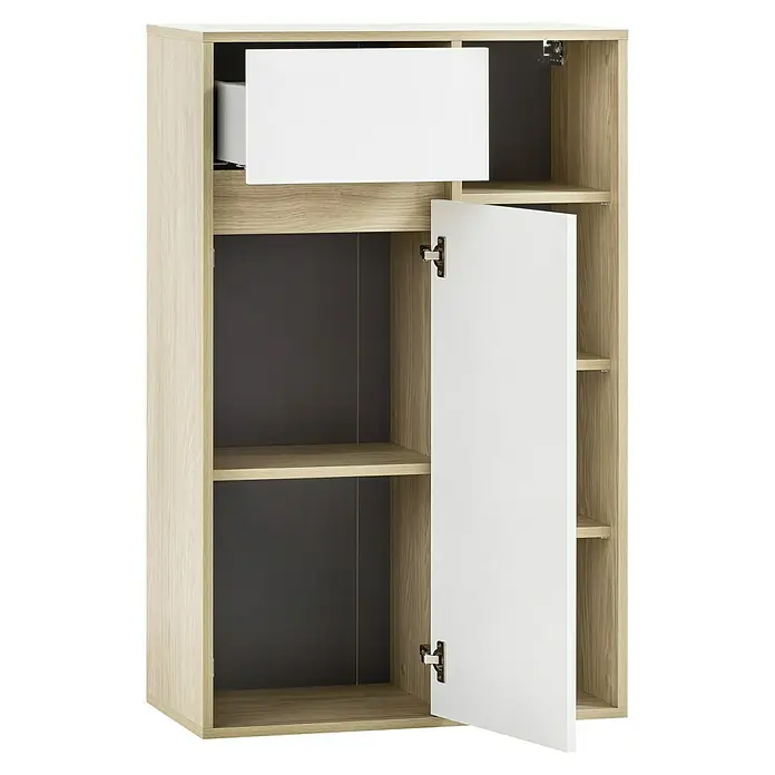 Schildmeyer Mali Highboard - 66,9 x 33,1 x 104,9 cm, Eiche hell/Weiß, Matt - Ein offener Holzschrank mit weißer Tür und Schublade. Er bietet Stauraum mit Regalen. Das Möbelstück ist praktisch und stilvoll.