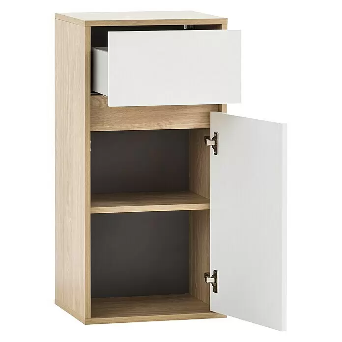 Schildmeyer Mali Unterschrank - 40,3 x 33,1 x 81,4 cm, Eiche hell/Weiß, Matt - Helles Holzregal mit teilweise geöffneter weißer Schublade und offener Tür, offenbart dunkles Innenfach und Regalböden.