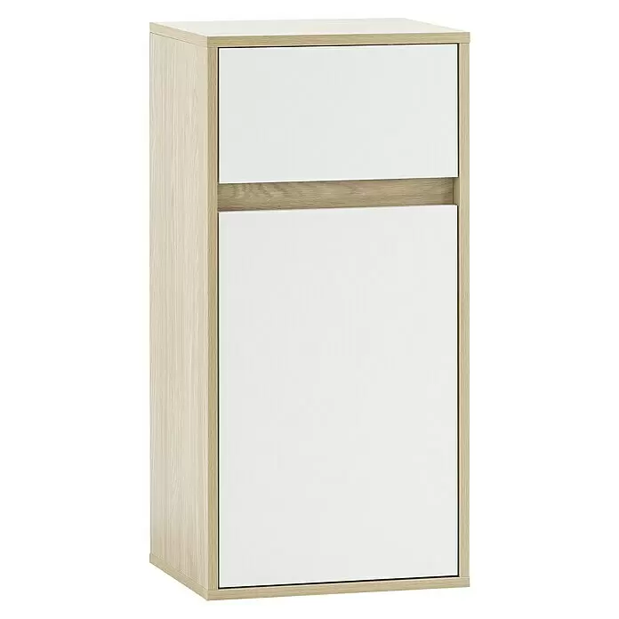 Schildmeyer Mali Unterschrank - 40,3 x 33,1 x 81,4 cm, Eiche hell/Weiß, Matt - Moderner Schrank in heller Holzoptik und Weiß mit zwei Paneelen und Holzstreifen.