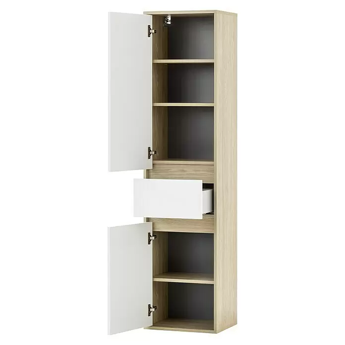 Schildmeyer Mali Hochschrank - 40,3 x 33,1 x 165,1 cm, Eiche hell/Weiß, Matt - Diagonale Ansicht