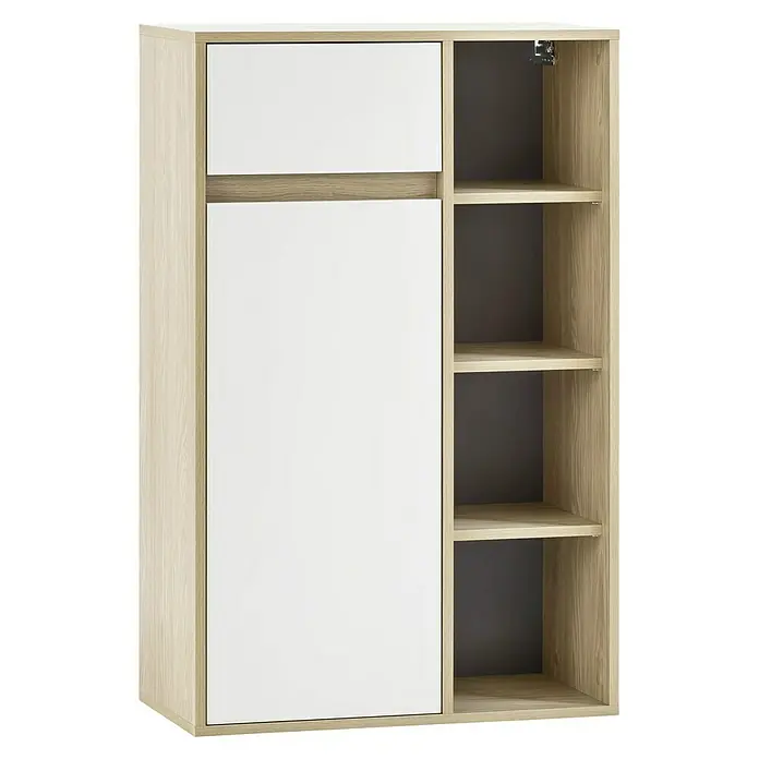 Schildmeyer Mali Highboard - 66,9 x 33,1 x 104,9 cm, Eiche hell/Weiß, Matt - Das moderne Sideboard in Holzoptik mit weißen Fronten bietet praktischen Stauraum durch Fächer und Schrankelemente. Ideal für Wohn- und Essbereich.