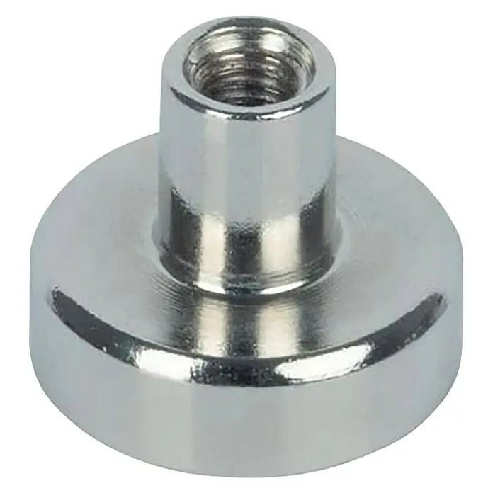 Fix-o-moll Topfmagnet Neodym Gewindebuchse - Durchmesser: 16 mm, Traglast: 5 kg, Höhe: 13 mm - Nahaufnahme einer polierten, metallischen Stativschraube mit Innengewinde vor schwarzem Hintergrund.