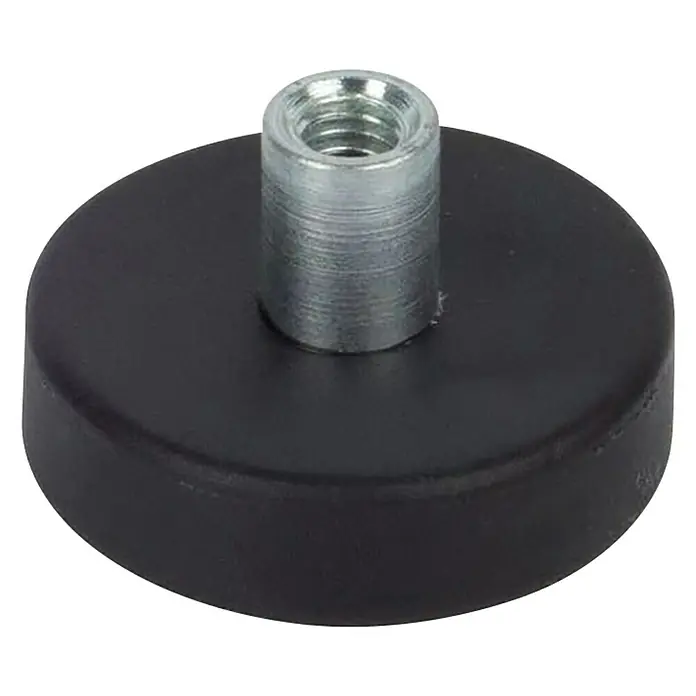 Fix-o-moll Topfmagnet Neodym Gewindebuchse gummiert - Durchmesser: 31 mm, Höhe: 11,5 mm, Traglast: 10 kg - Ein runder, schwarzer Gummimagnetfuß mit einem zylindrischen Metallgewinde in der Mitte. Ideal für die Befestigung auf Oberflächen.