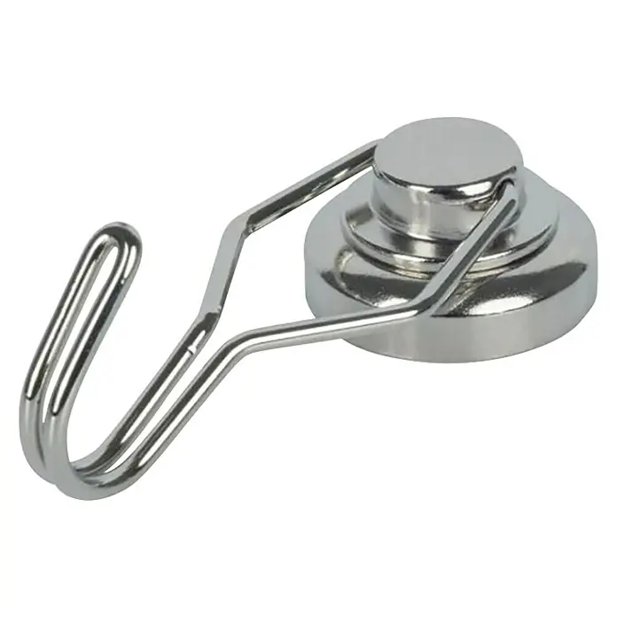 Fix-o-moll Topfmagnet Neodym mit Haken - Traglast: 40 kg - Nahaufnahme eines magnetischen Hakens aus glänzendem Metall, ideal zum Aufhängen von Gegenständen an metallischen Oberflächen.