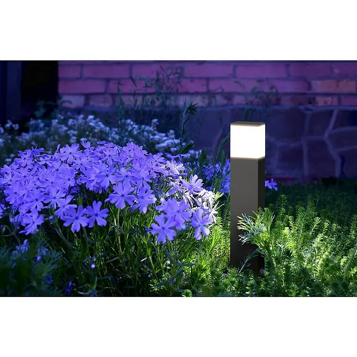 Lavida Milan Außensockelleuchte - 12 W, Farbe Gehäuse: Schwarz, Neutralweiß, 6,4 x 9,5 x 50 cm, Mit Leuchtmittel, Ohne Steckdose - Gartenansicht mit blühenden lila Blumen und einer modernen rechteckigen Gartenleuchte, die ein helles, warmes Licht ausstrahlt.