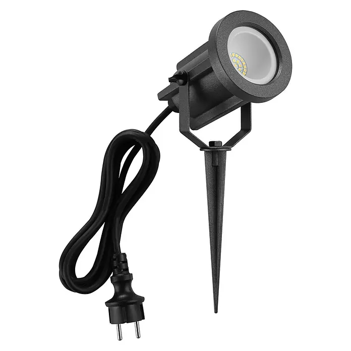 Lavida Milan LED-Strahler - 8 W, 1.200 lm, 4.000 K, L x B x H: 31,6 x 15,5 x 11,5 cm, IP65, Rund - Nahaufnahme einer schwarzen Gartenleuchte mit Erdspieß und Stecker, ideal für die Außenbeleuchtung.