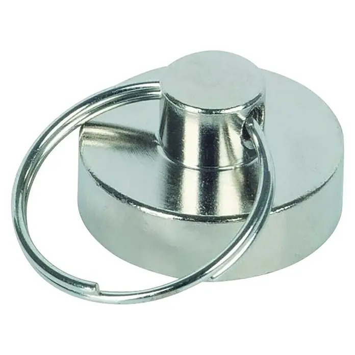 Fix-o-moll Magnet Neodym Schlüsselring - Durchmesser: 20 mm, Rund - Nahaufnahme eines silberfarbenen Magneten mit Ring und Metallsockel auf schwarzem Hintergrund.