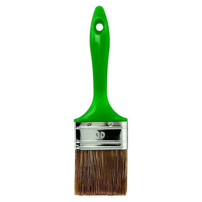Lasur-Flachpinsel - Breite Borsten: 60 mm, Hollestermischung, Kunststoff - Nahaufnahme eines Pinsel mit grünen Griff und braunen Borsten, ideal zum Malen und Auftragen von Farben auf Oberflächen.