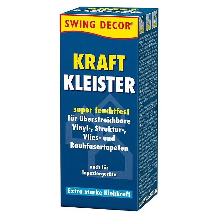 Swing Decor Tapetenkleister Kraftkleister - 200 g - Abbildung einer Packung SWING DECOR® Kraft Kleister, ein super feuchtfester Kleber für Vinyl-, Struktur-, Vlies- und Rauhfasertapeten.