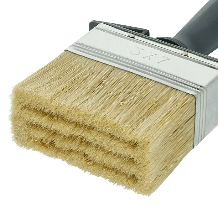 Lackierpinsel-Set - 5 -tlg. - Detailaufnahme eines sauberen, unbenutzten 3x7-Zoll-Flächenstreichers mit hellen Borsten und grauem Griff, ideal für gleichmäßiges Auftragen von Farbe.