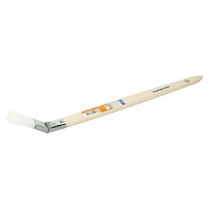 swingcolor Premium Plattpinsel - Breite Borsten: 20 mm, Gebogen, Naturholz - Detailaufnahme eines Heizkörperpinsels mit hellem Holzgriff und weißen Borsten. Perfekt für schwer zugängliche Stellen.