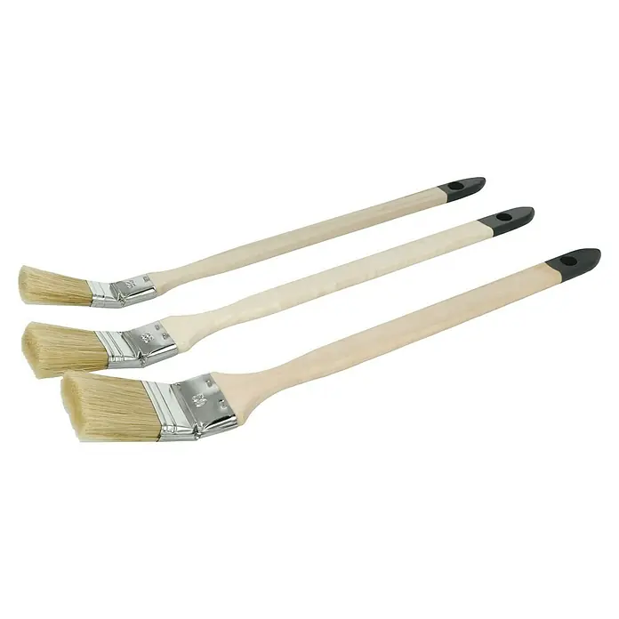 Heizkörperpinsel-Set - 3 -tlg. - Drei Heizkörperpinsel mit unbehandelten Holzgriffen und grauen Enden. Ideal zum Streichen schwer zugänglicher Stellen.