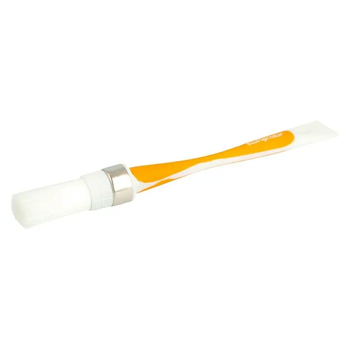 swingcolor Komfort Ringpinsel Ergo - Größe Pinsel: 2, All-in-one-Borsten, Kunststoff - Nahaufnahme eines Swingcolor-Pinsels mit weißen Borsten und einem orange-weißen Griff. Ideal für präzise Malerarbeiten im Innen- und Außenbereich.