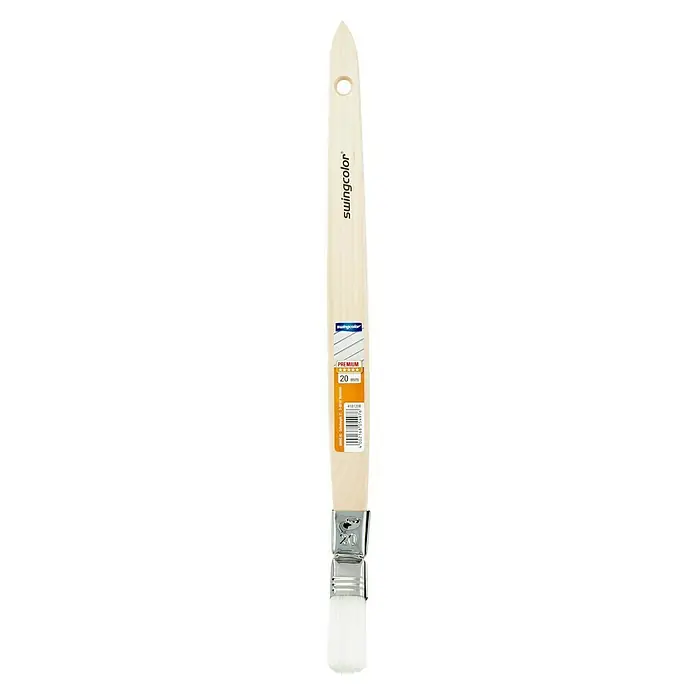 swingcolor Premium Plattpinsel - Breite Borsten: 20 mm, Gebogen, Naturholz - Pinsel der Marke Swingcolor "Premium" mit hellem Holzgriff, Etikett und silberner Metallfassung, ideal für präzises Auftragen von Farben.