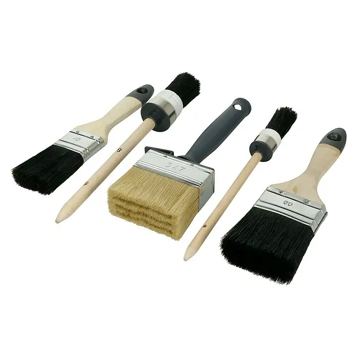 Lackierpinsel-Set - 5 -tlg. - Auswahl an verschiedenen Pinseltypen, darunter Flachpinsel und Rundpinsel, für diverse Malerarbeiten.