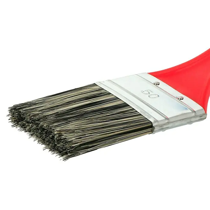 Heizkörperpinsel - Breite Borsten: 50 mm, Kunstborsten, Kunststoff - Nahaufnahme eines 50-mm-Flachpinsels mit roten Griff und silberner Zwinge, ideal zum präzisen Auftragen von Farben und Lacken.