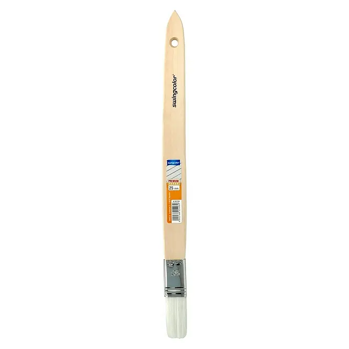 swingcolor Premium Plattpinsel - Breite Borsten: 25 mm, Gerade, Naturholz - Ein 25 mm breiter Premium-Pinsel von Swingcolor mit hellem Holzgriff und silberfarbener Metallfassung.
