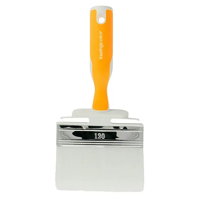 swingcolor Komfort Flächenstreicher Lack Ergo - Breite Borsten: 120 mm, All-in-one-Borsten, Kunststoff - Nahaufnahme eines Swingcolor Flächenstreichers mit orangefarbenem Griff und weißen Borsten, ideal für präzise Farbaufträge.