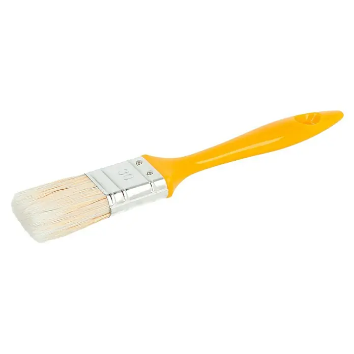Flachpinsel Lack - Breite Borsten: 30 mm, Mischborsten, Kunststoff - Hier ist ein Pinsel mit gelbem Griff und Naturborsten, ideal für präzise Anstriche und Lackierungen.