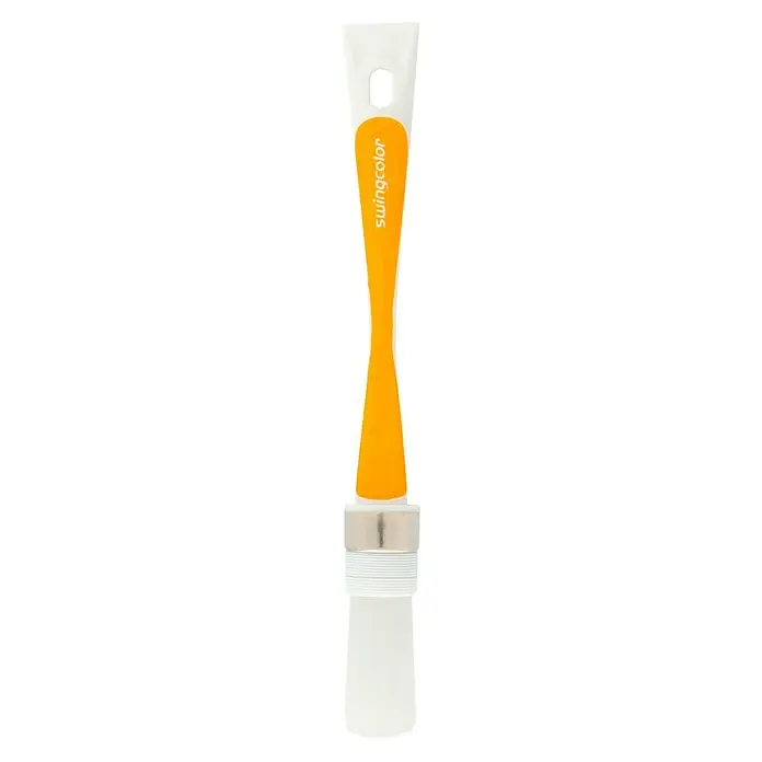 swingcolor Komfort Ringpinsel Ergo - Größe Pinsel: 2, All-in-one-Borsten, Kunststoff - Nahaufnahme eines Swingcolor-Farbpinsels mit orangefarbenem Griff und weißen Borsten, ideal zum präzisen Auftragen von Farben und Lacken.
