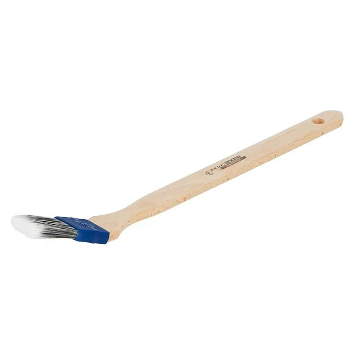 Profi Depot by Storch-Ciret Eckenstreicher Lack - Breite Borsten: 35 mm, Mischborsten, Holz, Eckenpinsel - Ein Detailbild eines Heizkörperpinsels mit Holzgriff und blauer Fassung. Der Pinsel ist für präzise Farbaufträge an schwer zugänglichen Stellen konzipiert.