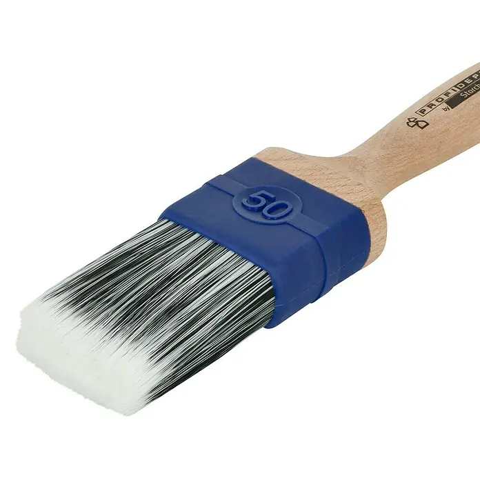 Profi Depot by Storch-Ciret Lackierpinsel - Breite Borsten: 50 mm, Mischborsten, Holz, Stärke Borsten: 12 mm - Nahaufnahme eines Profidepots-Pinsels der Größe 50 mit blauem Griff und hellen Borsten.