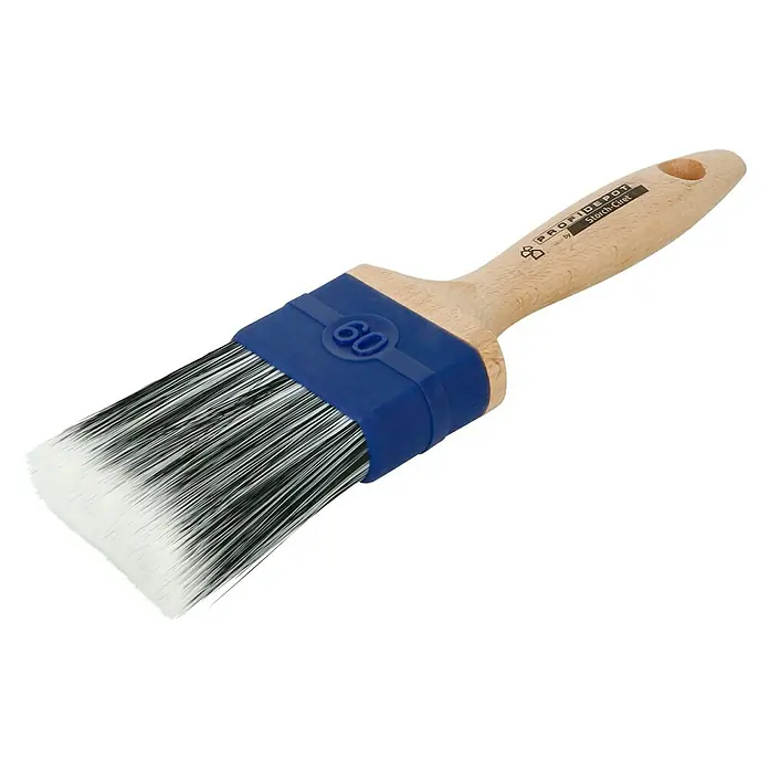 Profi Depot by Storch-Ciret Lackierpinsel - Breite Borsten: 60 mm, Mischborsten, Holz, Stärke Borsten: 12 mm - Nahaufnahme eines ProfiDepot Storch-Ciret-Flachpinsels mit blauem Halter und hellem Holzgriff, ideal für präzise Malerarbeiten.