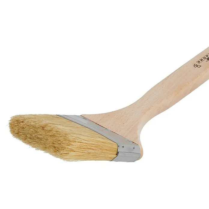 Profi Depot by Storch-Ciret Fassadenstreicher - Breite Borsten: 75 mm, Mischborsten, Holz - Nahaufnahme eines Heizkörperpinsels mit hellem Holzgriff und Naturborsten, ideal zum Streichen schwer zugänglicher Stellen.