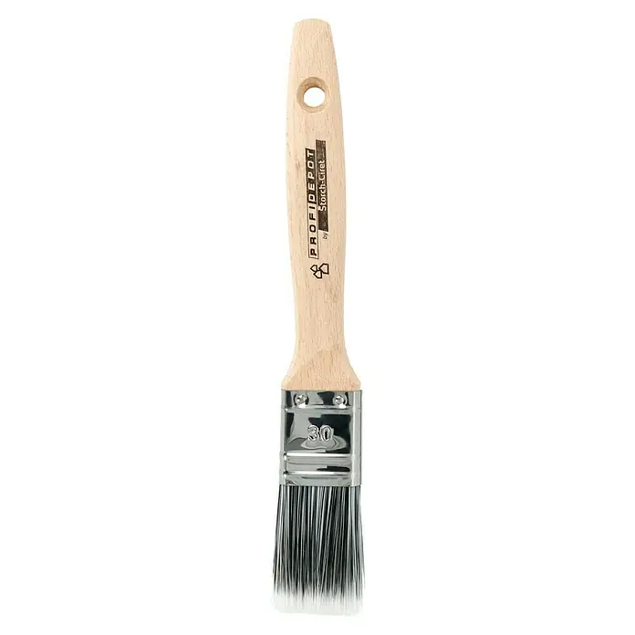 Profi Depot by Storch-Ciret Lackierpinsel - Breite Borsten: 30 mm, Holz, Stärke Borsten: 9 mm - Das Bild zeigt einen Pinsel der Marke PROFIDEPOT by Storch-Ciret mit einem Holzgriff und Borsten, die in einer Metallhalterung befestigt sind.