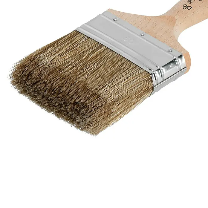 Profi Depot by Storch-Ciret Lasur-FlachpinselBreite Borsten: 80 mm, Mischborsten, Holz - Nahaufnahme eines Lackierpinsels mit Holzgriff und hellem Borstenkopf, ideal für präzise Farbaufträge und detailreiche Malerarbeiten.