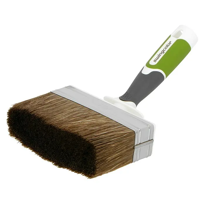 swingcolor Lasur-Flächenstreicher 3K - Breite Borsten: 140 mm, Art Borsten: Mischborsten, Material Griff: Kunststoff - Nahaufnahme eines breiten Swingcolor Flächenstreichers mit braunen Borsten, grauem Griff und grünen Akzenten.