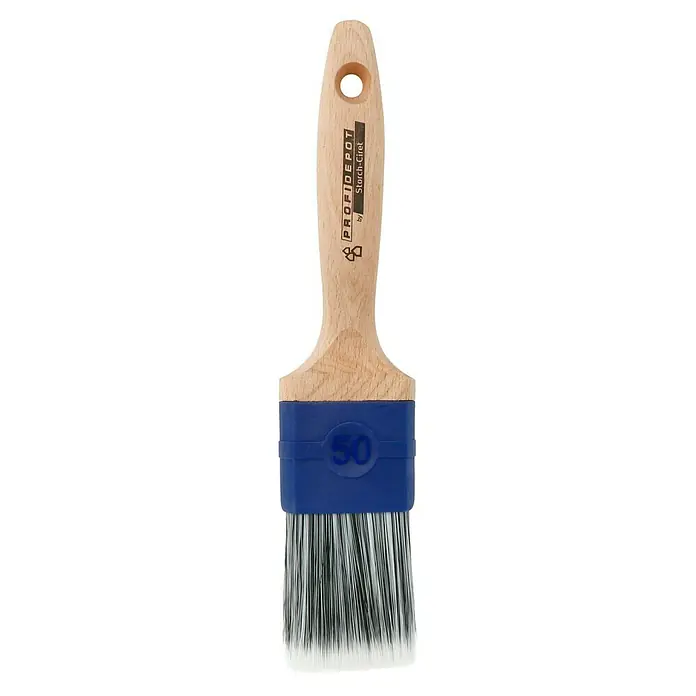 Profi Depot by Storch-Ciret Lackierpinsel - Breite Borsten: 50 mm, Mischborsten, Holz, Stärke Borsten: 12 mm - Ein Pinsel von PROFIDEPOT by Storch-Ciret mit Holzgriff, blauem Halter und weißen Borsten für präzise Malerarbeiten.