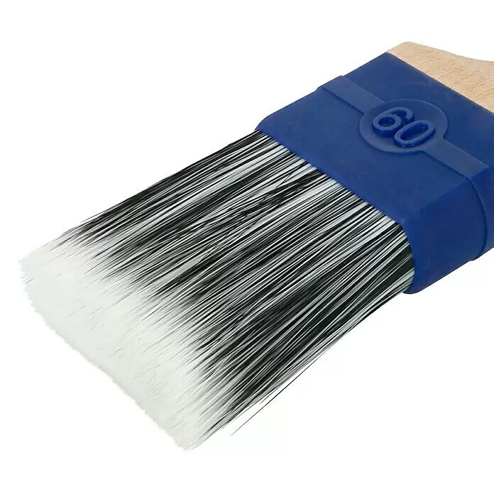 Profi Depot by Storch-Ciret Lackierpinsel - Breite Borsten: 60 mm, Mischborsten, Holz, Stärke Borsten: 12 mm - Nahaufnahme eines Pinsels mit schwarzen und weißen Synthetikborsten, blauer Zwinge mit Prägung '60' und Holzgriff.